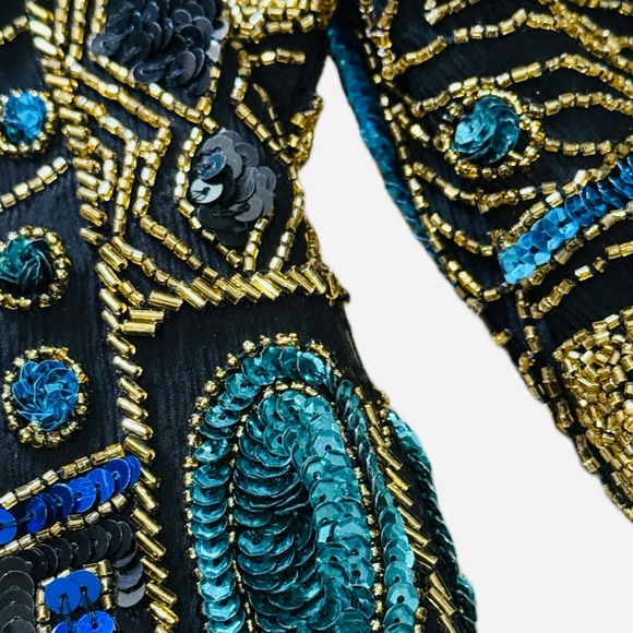 👠 💎 SCALA Vintage 80s Beaded & Sequined Jacket | Gold Green Blue Collector Sz M - Picture 3 of 8